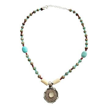 COLAR AMAZONITES,TURQ.,CORAIS.MARFIM V. E MEDALHA PRATA
