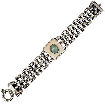 PULSEIRA MALHA ROLEX DE PRATA COM MARFIM VEGETAL E ÁGUA MARINHA