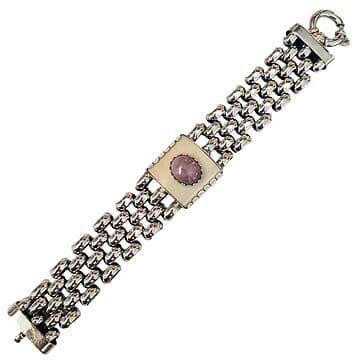 PULSEIRA MALHA ROLEX DE PRATA COM MARFIM VEGETAL E OPALA ROSA