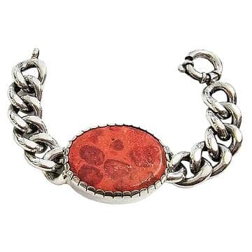PULSEIRA BARBELA DE PRATA COM RAÍZ DE CORAL