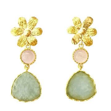 BRINCOS OURO COM FLOR E DUAS PEDRAS NATURAIS - Preço sob consulta