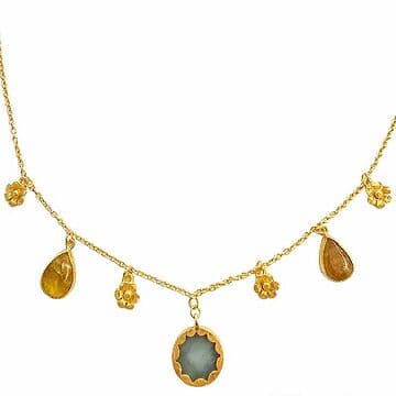 COLAR OURO COM ÁG.MARINHA, 4 FLORES E 2 TURMALINAS