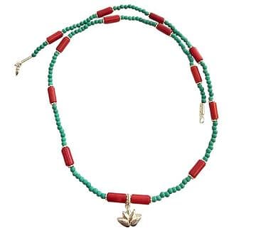 COLAR TURQUESAS, CORAL, FLOR LOTUS PRATA