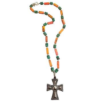 COLAR DE TURQUESAS, MASSA CORAL E CRUZ DE PRATA