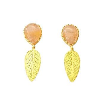 BRINCOS OURO COM PÊRO DE PEDRA LUA ROSA E FOLHA