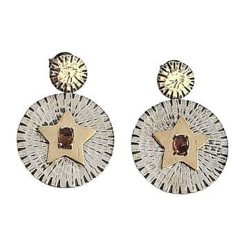 BRINCOS CHAPAS PRATA COM ESTRELAS OURO E TURMALINA ROSA