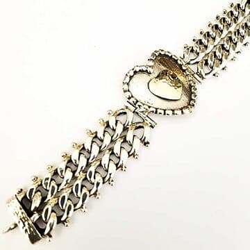 PULSEIRA EM PRATA 925, DE BARBELA DUPLA GRANITADA COM CORAÇÃO GRANITOS E OUTRO CORAÇÃO EM OURO