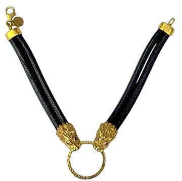 PULSEIRA CORDÃO TRATADO PRETO CABEÇAS LEÃO PRATA DOURADA
