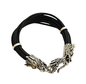 PULSEIRA COURO PRETO COM DRAGÕES DE PRATA