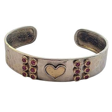 PULSEIRA PRATA/OURO COM CORAÇÃO E 18 ZIRCÕES ROSA