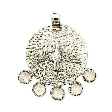 MEDALHA EM PRATA COM QUARTZO ROSA E ESPIRITO SANTO PRATA.