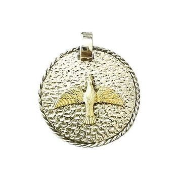 MEDALHA DE PRATA COM CORDA À VOLTA E ESPIRITO SANTO OURO