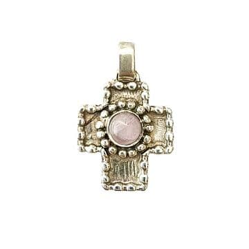 CRUZ DE PRATA QUADRADA COM GRANITOS E OPALA ROSA