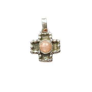 CRUZ PRATA COM PEDRA LUA ROSA
