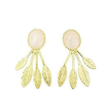 BRINCOS 4 FOLHAS DE PRATA DOURADA COM QUARTZO ROSA