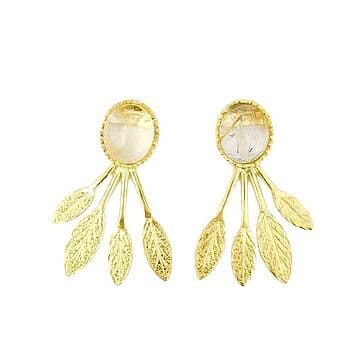 BRINCOS 4 FOLHAS DE PRATA DOURADA COM CRISTAL ROCHA RUTILADO