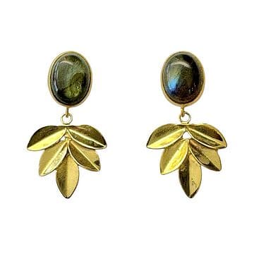 BRINCOS 5 FOLHAS PRATA DOURADA PEDRA LABRADORITE OVAL