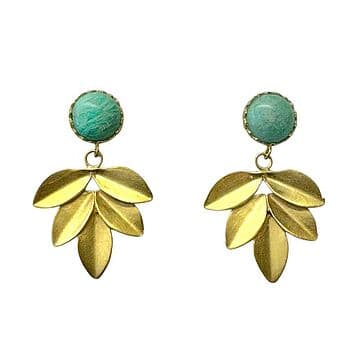 BRINCOS 5 FOLHAS PRATA DOURADA AMAZONITE REDONDA