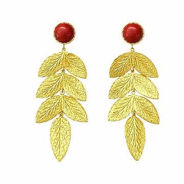 BRINCOS COMPRIDOS PRATA DOURADA 7 FOLHAS E CORAL