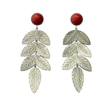BRINCOS COMPRIDOS PRATA 7 FOLHAS E CORAL