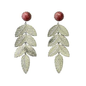 BRINCOS COMPRIDOS PRATA 7 FOLHAS E RODONITE