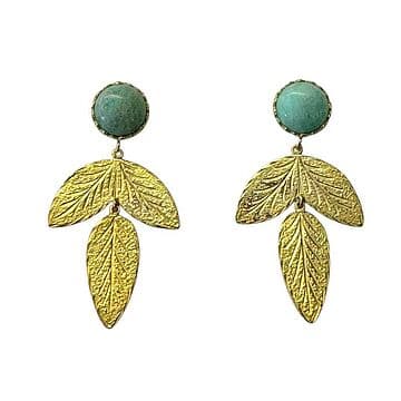 BRINCOS PRATA DOURADA 3 FOLHAS AMAZONITE