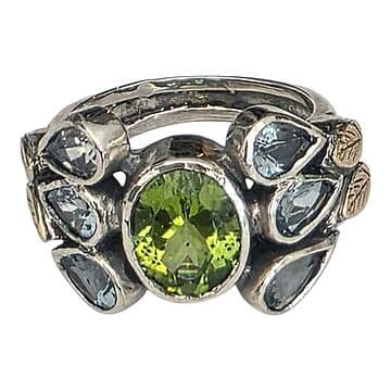 ANEL PERIDOT COM 6 ÁGUAS MARINHAS E 4 FOLHINHAS OURO