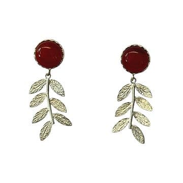 BRINCOS PRATA COM 7 FOLHAS CORNALINA REDONDA