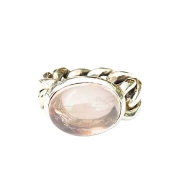 ANEL PRATA MALHA BARBELA E QUARTZO ROSA