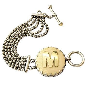 PULSEIRA 5 FIADAS BOLINHAS, MEDALHA MARF. VEGETAL E INICIAL OURO
