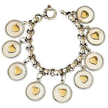 PULSEIRA EM PRATA E OURO COM 9 MEDALHAS COM CORAÇÕES.