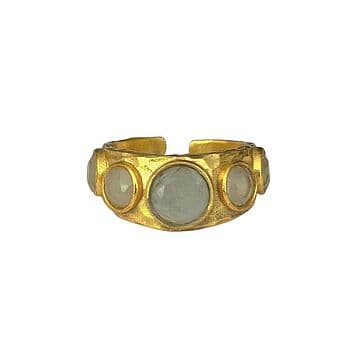ANEL LATÃO COM BANHO OURO 24KT E 5 ÁGUAS MARINHAS