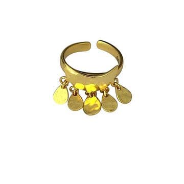 ANEL LATÃO COM BANHO OURO 24KT, QUARTO DE LUA E 5 MEDALHINHAS