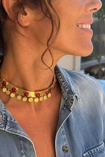 CHOKER LATÃO COM BANHO OURO 24KT, COM 7 CORNALINAS