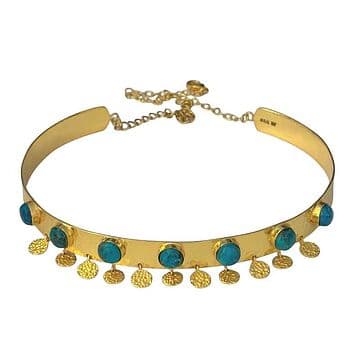CHOKER LATÃO COM BANHO OURO 24KT, COM 7 TURQUESAS